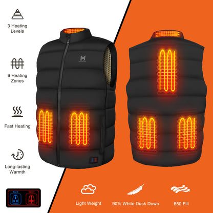 6 Heat Zone 3 Level Temperature Control Heated Down Vest for Men and Women, 90% Down, 650 Fill Power