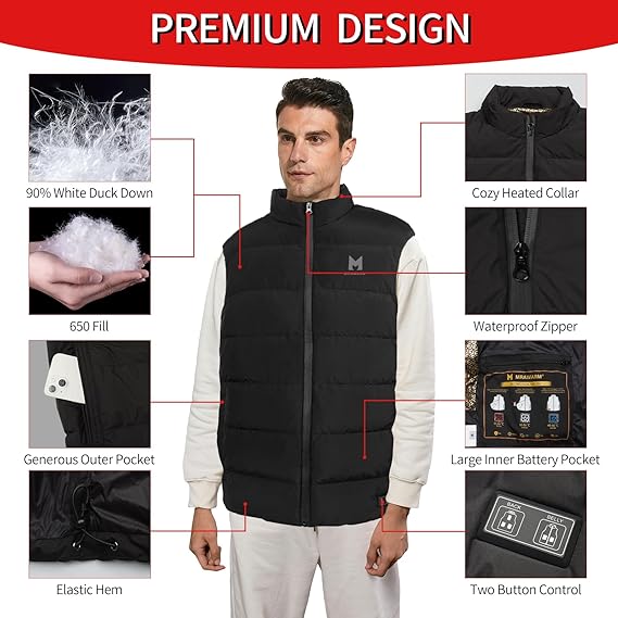 Heated Vest with 90% Down, 650 Fill Electric Heated Down Vest for Men Women 6 Heating Zone 3 Temperature Heating Vest