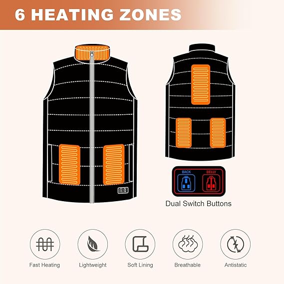 Heated Vest, Lightweight Electric Heated Vest for Men Women 6 Heating Zone 3 Temperature Heating Vest